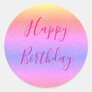 Sticker Rond Rose Gold Pailleté Rose Chaud Joyeux Anniversaire 