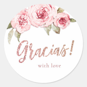 Sticker Rond Rose gold pailleté rose floral gracias favor