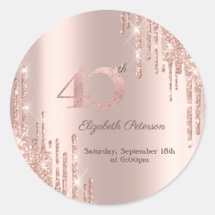 Sticker Rond Rose Gold Parties scintillant Drips 40e fête d'ann