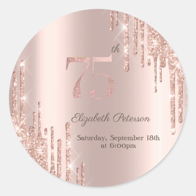 Sticker Rond Rose Gold Parties scintillant Drips 75e fête d'ann (Devant)