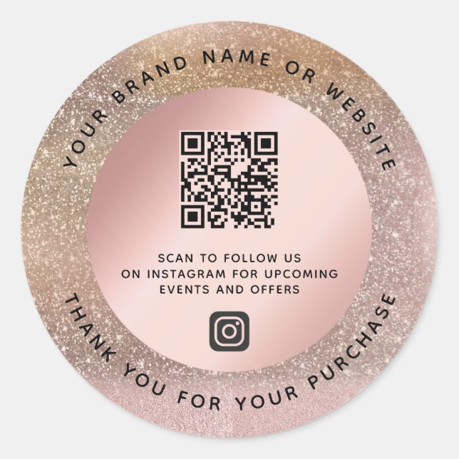 Sticker Rond Rose Gold Pastel Parties scintillant Merci QR Code (Devant)