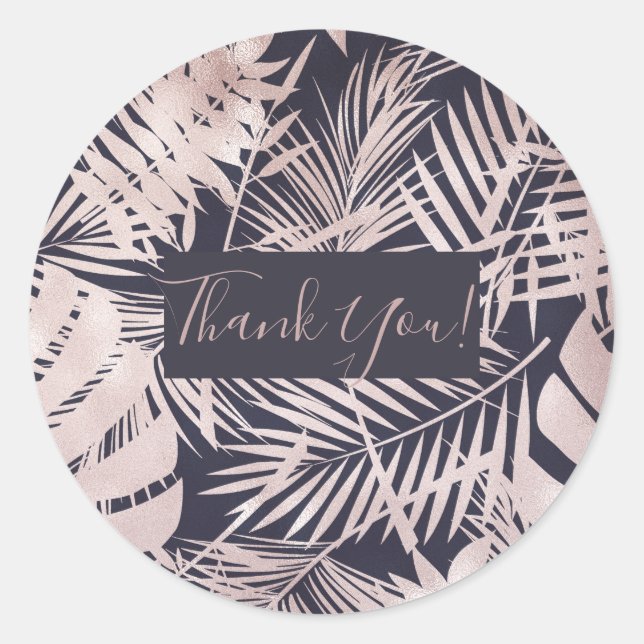 Sticker Rond Rose Gold Pink Dark Tropical Palm Tree Leaves (Devant)