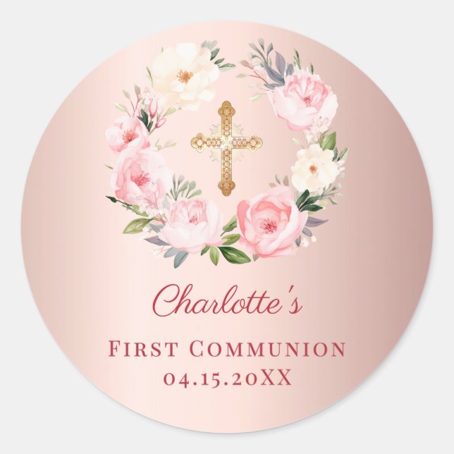 Sticker Rond Rose gold pink floral wreath First Communion (Devant)