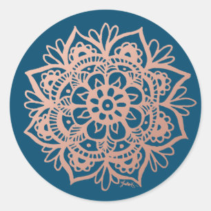 Sticker Rond Rose Gold Pink Mandala Fleur sur Navy