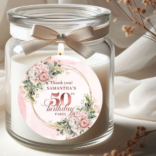 Sticker Rond Rose Gold Poussiéreux Rose Chic Floral 50e Anniver