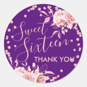 Sticker Rond Rose Gold Purple Sweet 16 Merci Parties scintillan