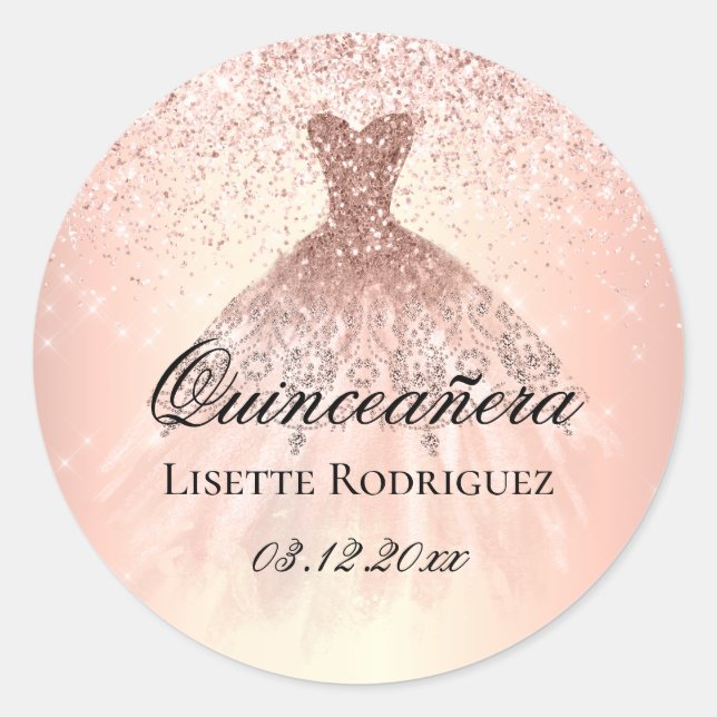 Sticker Rond Rose Gold Quinceanera Personnalisé (Devant)
