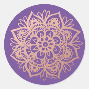 Sticker Rond Rose Gold Rose Mandala sur Fond Violet