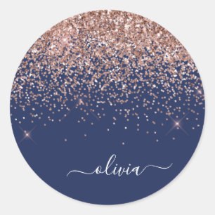 Sticker Rond Rose Gold Rose Pâle Bleu Nuit Paillettes Monogramm