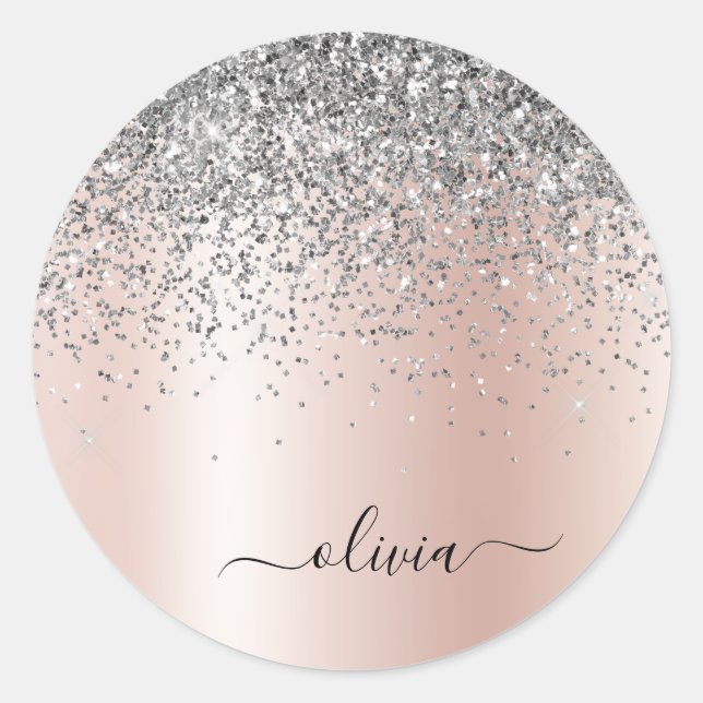 Sticker Rond Rose Gold - Rose Pâle Pailleté Argent Monogramme (Devant)