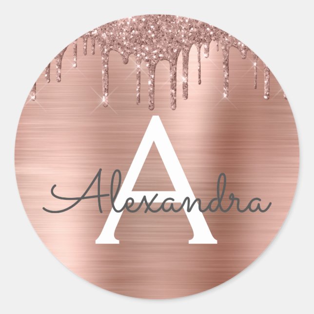 Sticker Rond Rose Gold - Rose Pâle Pailleté Monogramme Nom (Devant)