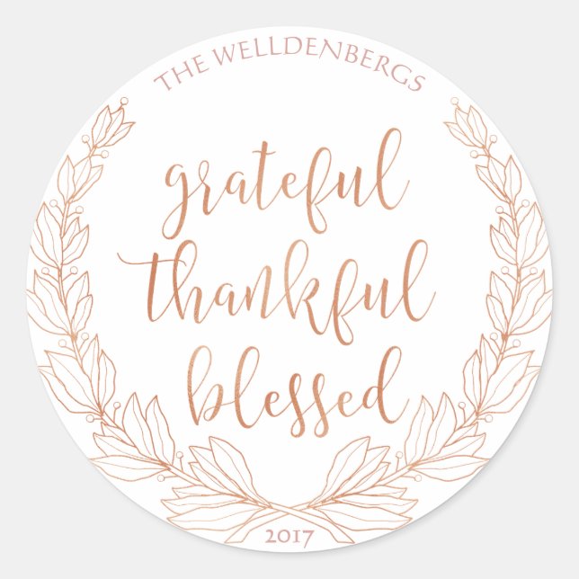 Sticker Rond Rose Gold Wreath Grateful Merci béni (Devant)