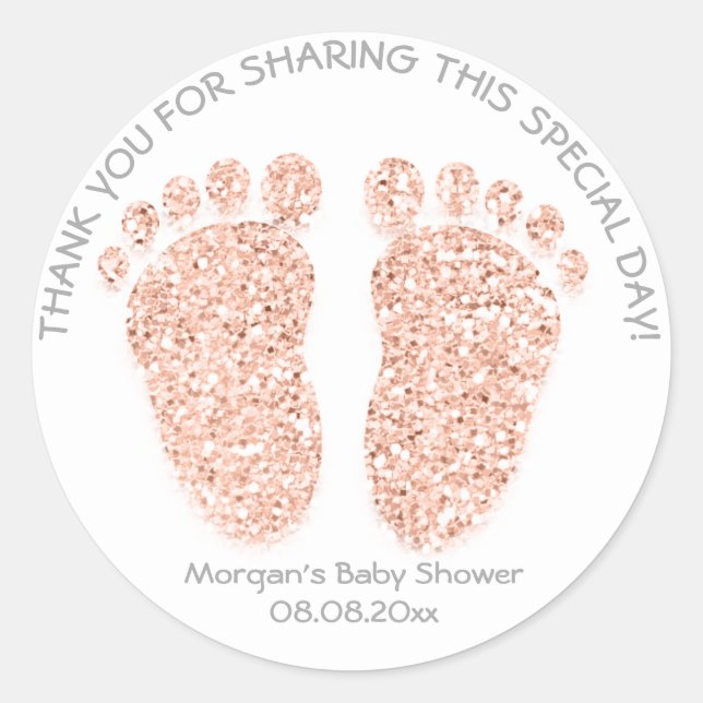 Sticker Rond Rose GreyGlitter Pieds Baby shower Favoriser Cadea (Devant)