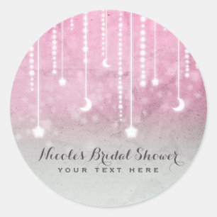 Sticker Rond Rose Gris Blanc Lune et Étoiles Baby Shower Célest