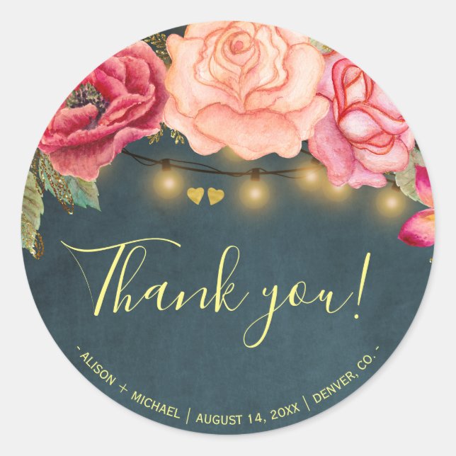 Sticker Rond Rose lampes à cordes tchalkboard merci mariage (Devant)