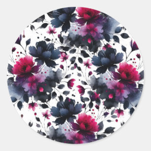 Sticker Rond Rose magenta et bleu encre floral aquarelle mariag
