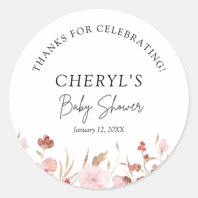 Sticker rond rose mignon Baby shower floral classi (Devant)