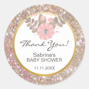Sticker Rond Rose mignon, brun, baby shower d'or de parties