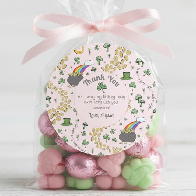 Sticker Rond Rose, Mignon & Rond Merci pour la Saint-Patrick (St Patrick's Day Thank You Sticker for Her. Four Leaf Clover Rainbow Green Shamrock Pattern for Kids)