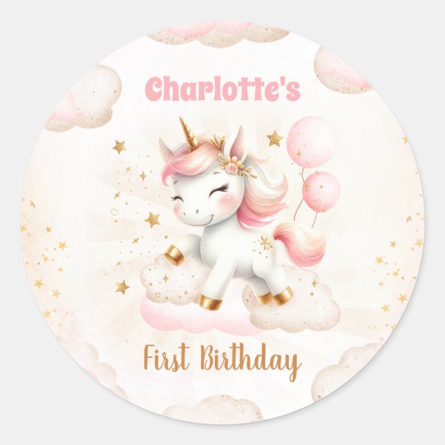 Sticker Rond Rose mignon Unicorn Magique fille Anniversaire (Devant)