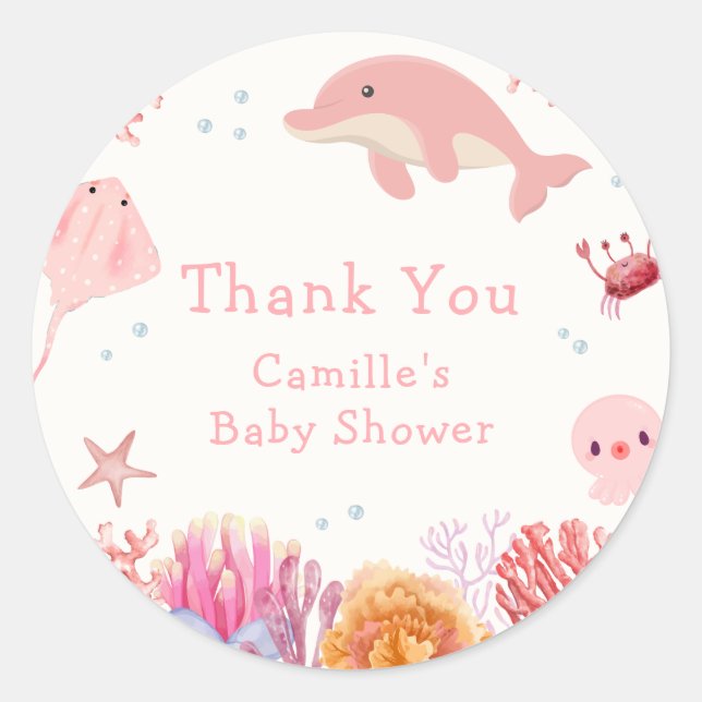 Sticker Rond Rose mignonne sous le Baby shower Dolphin de mer f (Devant)