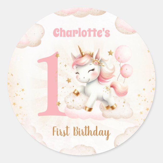 Sticker Rond Rose mignonne Unicorn fille 1er anniversaire (Devant)