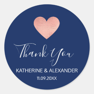 Sticker Rond Rose moderne Gold Heart Marine Blue Mariage Seals