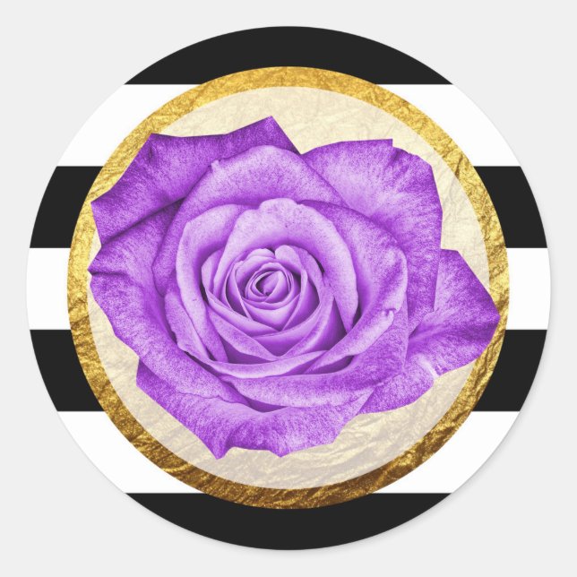 Sticker Rond Rose moderne violet  Faux Gold Foil Mariage rayé (Devant)