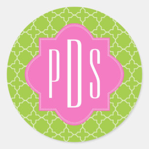 Sticker Rond Rose + Monogramme vert de Quatrefoil