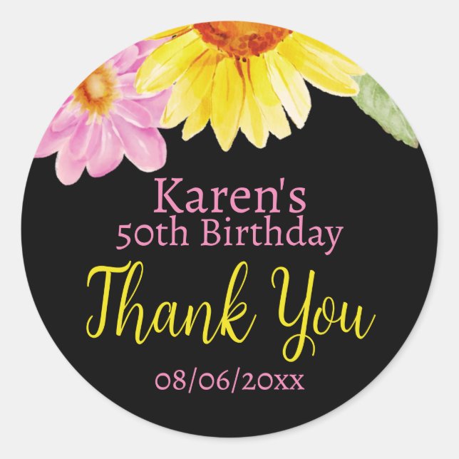 Sticker Rond Rose Noir Jaune Tournesol Daisy Fleur Faveur Flora (Devant)