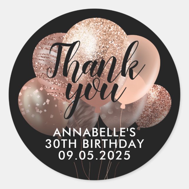 Sticker Rond Rose noir Parties scintillant or Merci de ballon   (Devant)