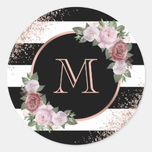 Sticker Rond Rose noire or rose florale Monogramme