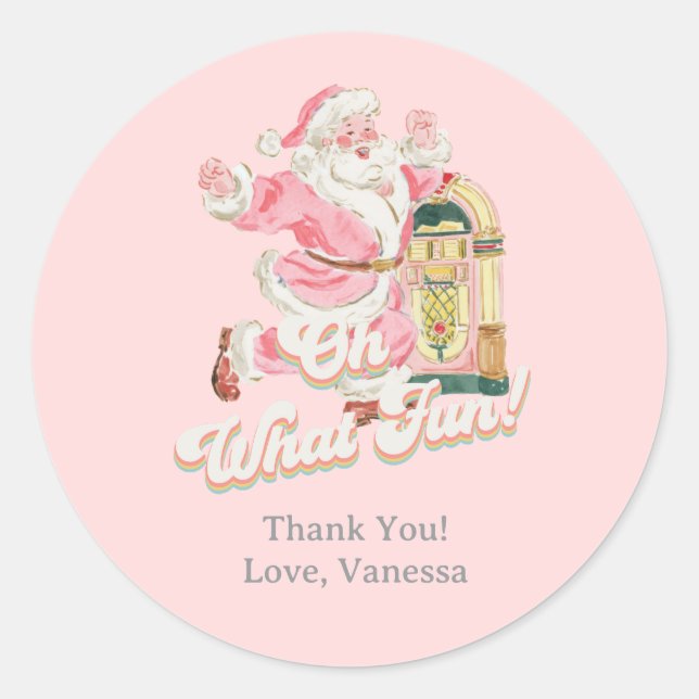 Sticker Rond Rose Oh Quel Amusant Rétro Super Père Noël Merci (Devant)