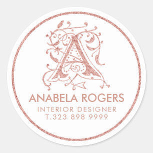 Sticker Rond Rose-Or Floral Frotles Échantillon Monogramme