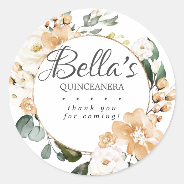 Sticker Rond Rose or Floral Quinceanera Merci (Devant)