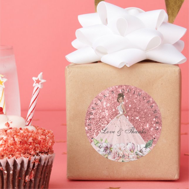 Sticker Rond Rose or Floral Quinceañera Merci Favor (Fête)
