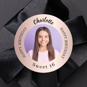 Sticker Rond Rose or personnalisé photo Sweet 16