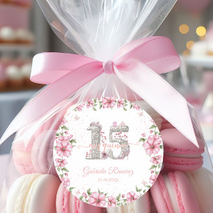 Sticker Rond Rose Pâle Argent Mis Quince Quinceañera 