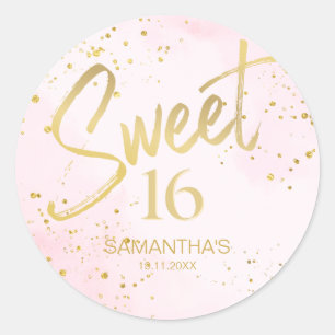 Sticker Rond Rose Pâle Élégant & Or Sweet 16 Anniversaire