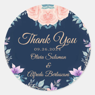 Sticker Rond Rose Pâle et Bleu Marine Floral Élégant Moderne