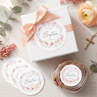 Sticker Rond Rose Pâle Fleurie Baptême Rond Fille
