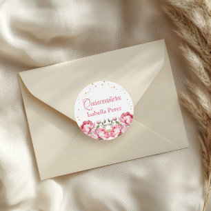 Sticker Rond Rose Pâle Floral et Paillettes Dorées Quinceanera