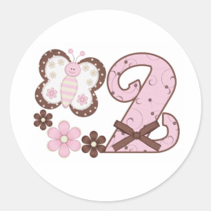 Sticker rond rose papillon 2e anniversaire classiq