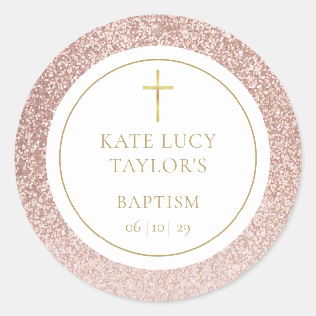 Sticker Rond Rose Parties scintillant or Baptême Christening (Devant)