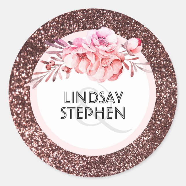 Sticker Rond Rose Parties scintillant or Floral Blush Mariage (Devant)