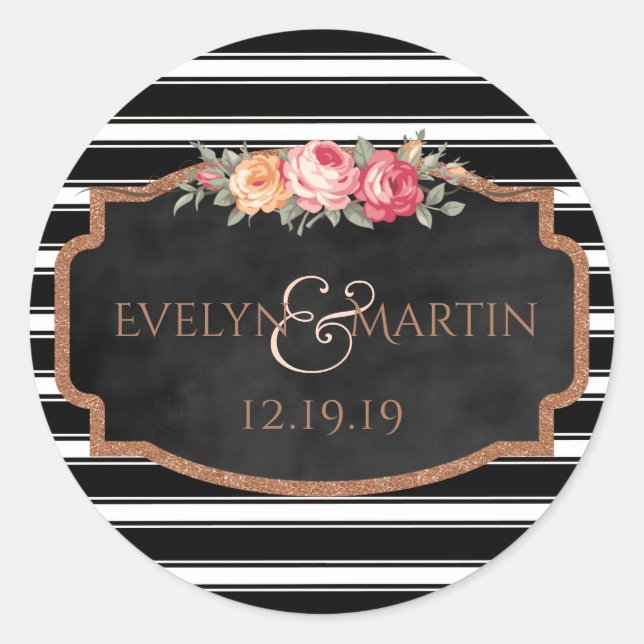 Sticker Rond Rose Parties scintillant or Monogramme Floral Mari (Devant)