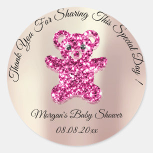 Sticker Rond Rose Parties scintillant or Ours Baby shower Favor