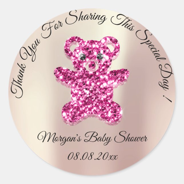 Sticker Rond Rose Parties scintillant or Ours Baby shower Favor (Devant)