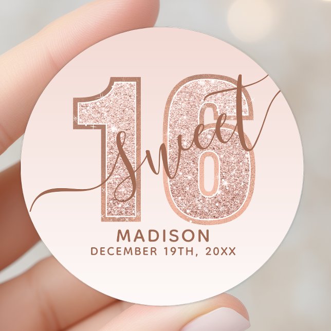 Sticker Rond Rose Parties scintillant or Script Sweet 16 Annive (Créateur téléchargé)