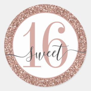 Sticker Rond Rose Parties scintillant rose or Sweet 16 Favor St